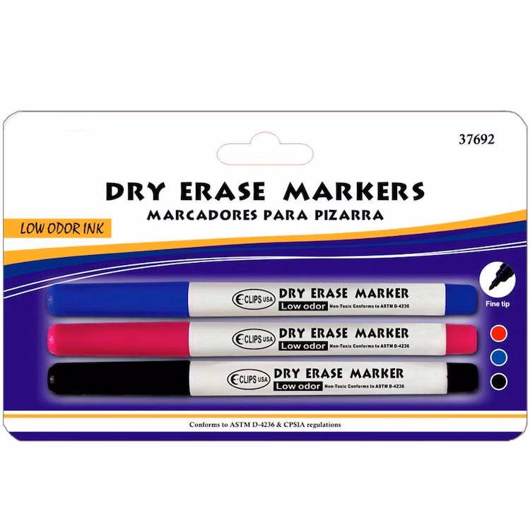 Dry Eraser Markers - 3 Pack Black Red Blue Fine Tip