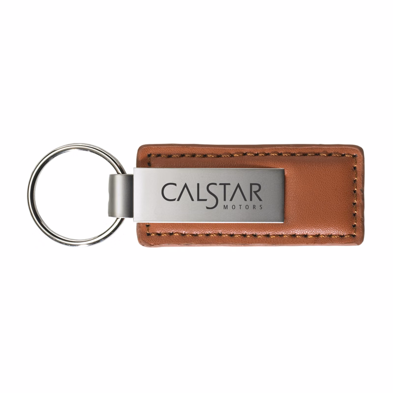 Brushed Zinc Brown Leather Keychain - Big Logo