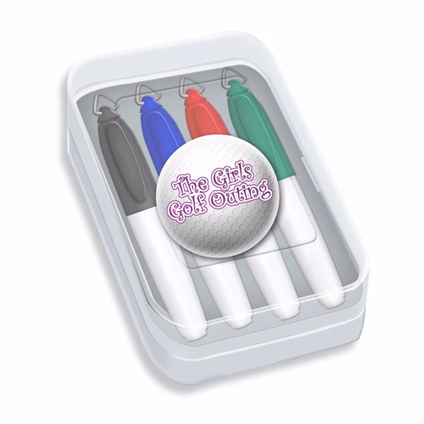Four Pack of Mini Permanent Markers in Clear Plastic Case with Full Color Decal