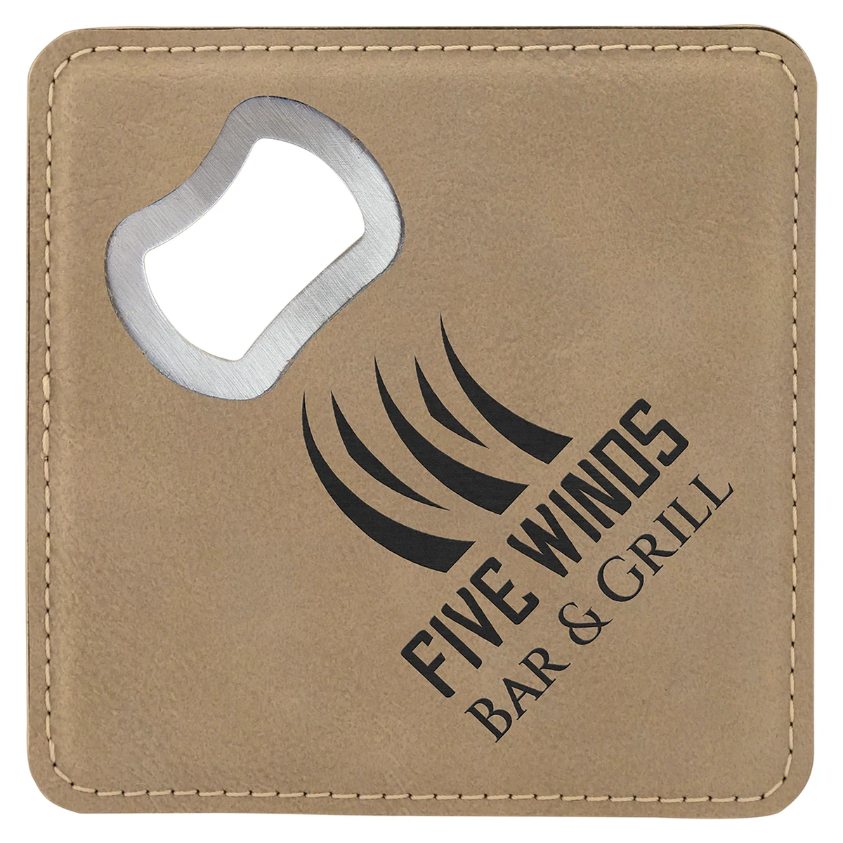 4" x 4" Square Light Brown Leatherette Coaster w/ Bottle Opener 1