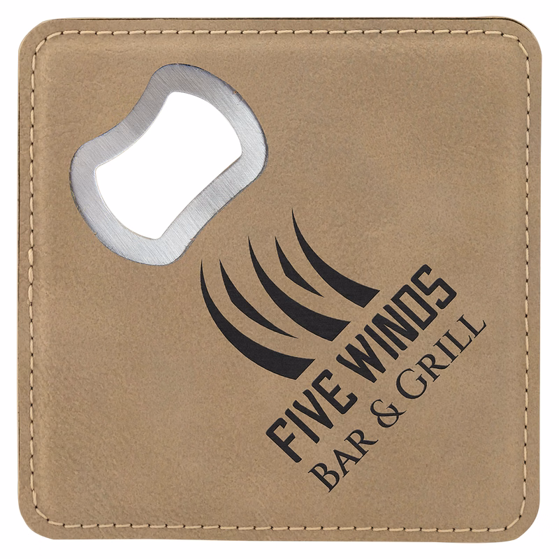 4" x 4" Square Light Brown Leatherette Coaster w/ Bottle Opener