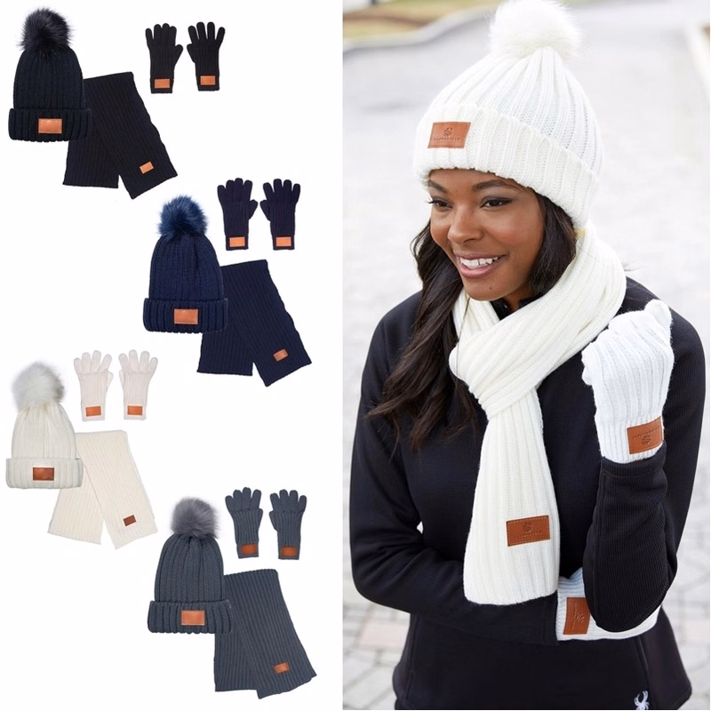 3 Pc. Rib Knit Fur Pom Winter Set