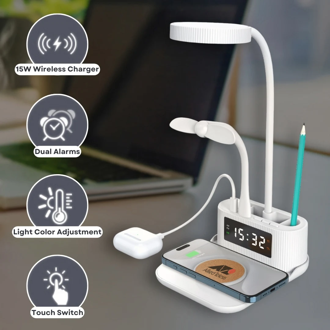 15W Wireless Charger Desk Lamp with Alarm Clock, Pen Holder, and USB/Type-C Output 1