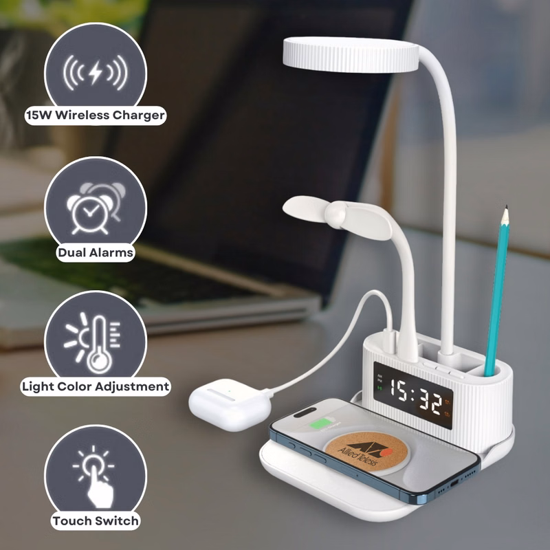 15W Wireless Charger Desk Lamp with Alarm Clock, Pen Holder, and USB/Type-C Output