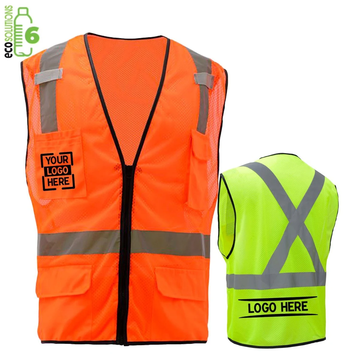 Class 2 rPET Dual Mic Tabs Safety Zipper Vest w/ Reflective X Back & 6 Pockets 1