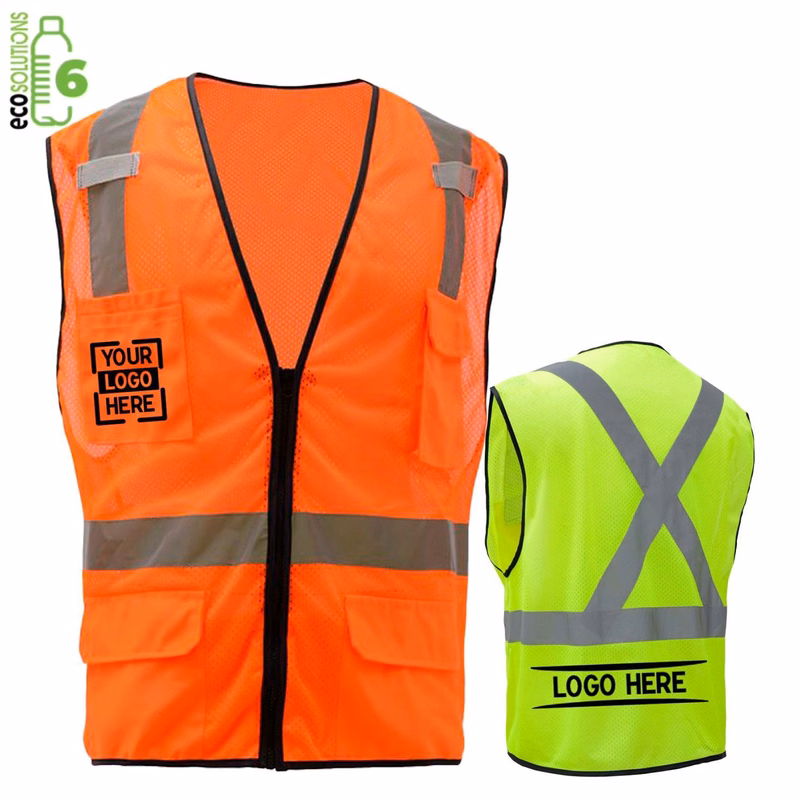 Class 2 rPET Dual Mic Tabs Safety Zipper Vest w/ Reflective X Back & 6 Pockets