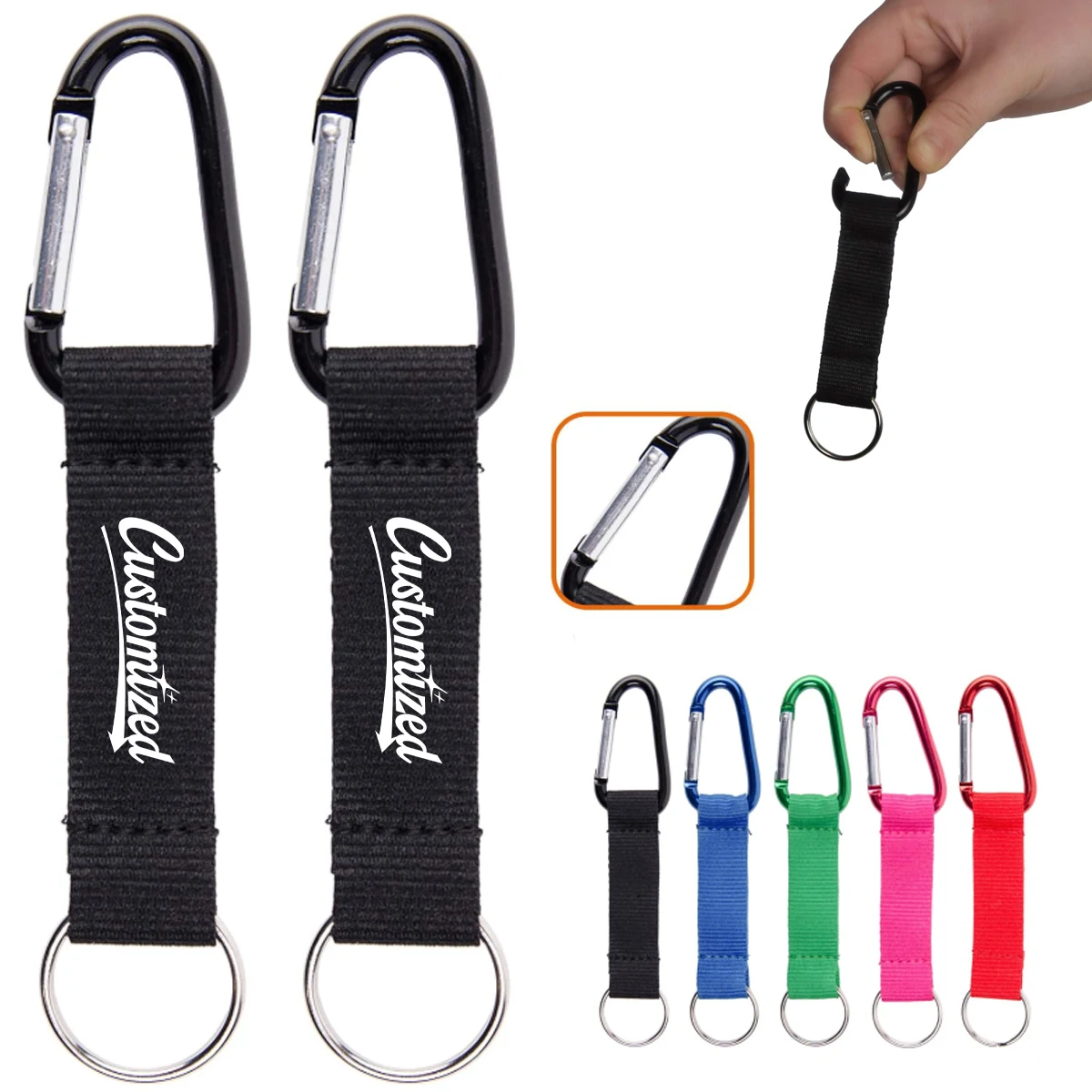 Custom Carabiner Keychain with Nylon Strap and Split Ring 1