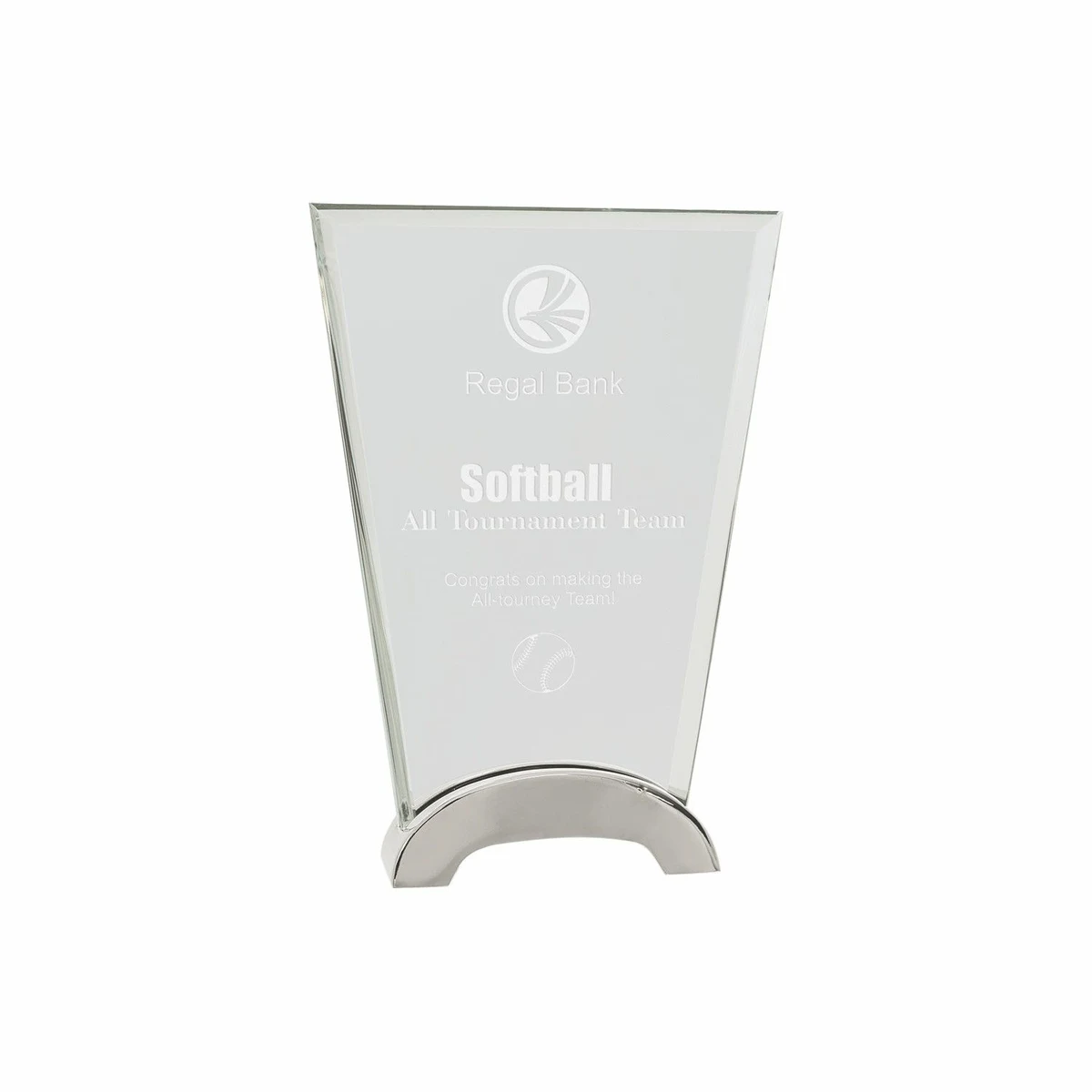 7 1/2" Clear Fan Platinum Glass Award w/ Arch Metal Base 1