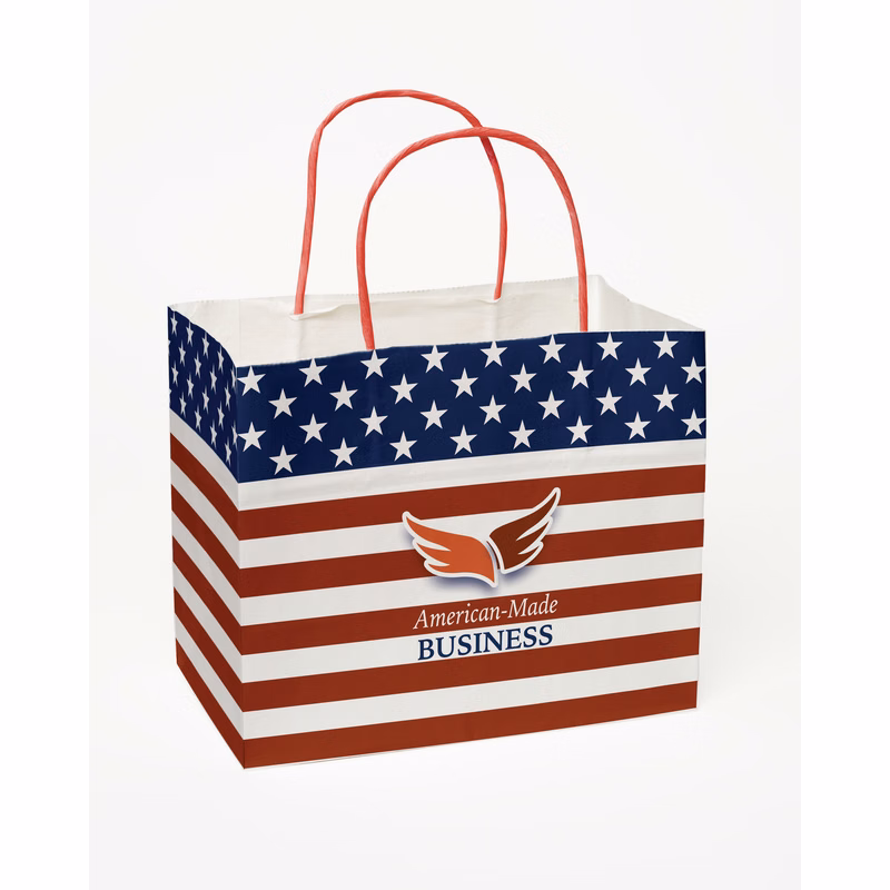 Multi-Sided Full Color White Shopper Paper Bag - Red Handle (8.5"x 7.25"x 5")