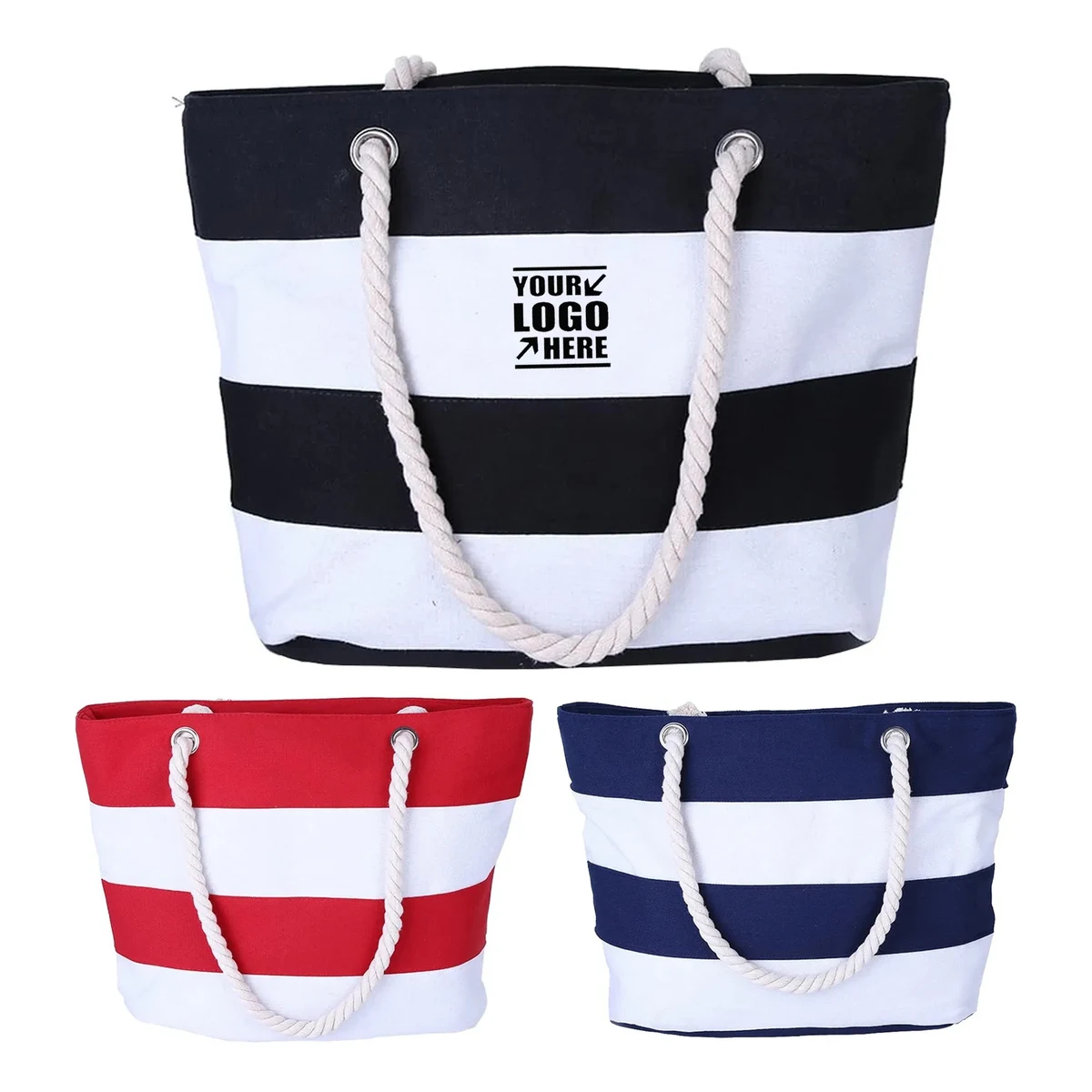 Large Beach Bag with Inner Zipper Pocket and Rope Handle, custom tote bag with logo imprint 1
