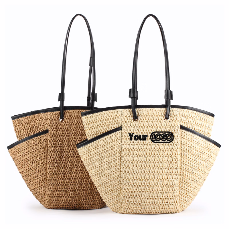 Large Straw Beach Tote with Side Pockets