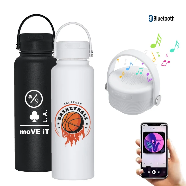 40oz SS Double Wall Vacuum Wireless Bluetooth Bottle, custom water bottle with logo imprint 1