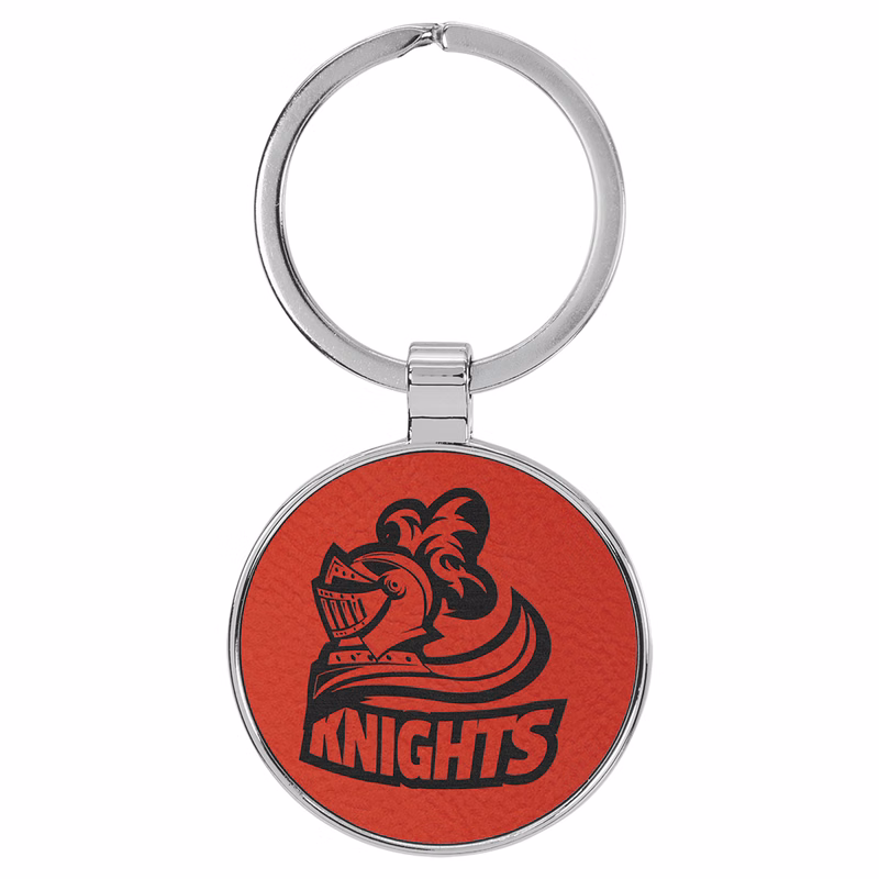 Red Leatherette/Metal Round Keychain
