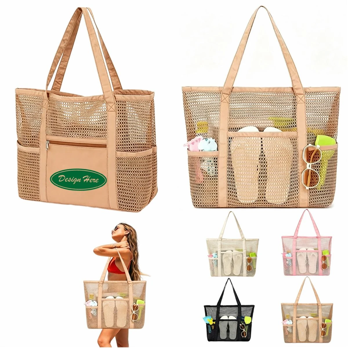 Large Nylon Mesh Multi Compartment Beach Tote Bag 1