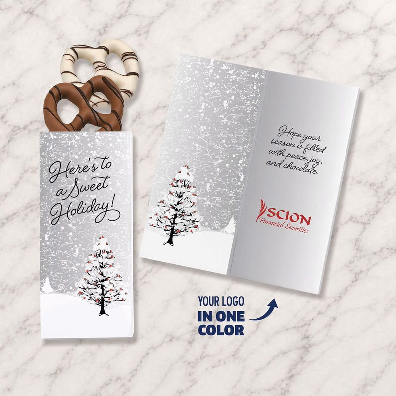 One Color Foil-Stamped Stock Cardinals Sweeter Cards with Chocolate Dipped Pretzels