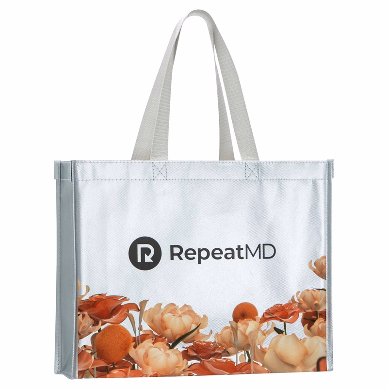 Full-Color Printed Metallic Silver Tote Bag 14"x11"x4"