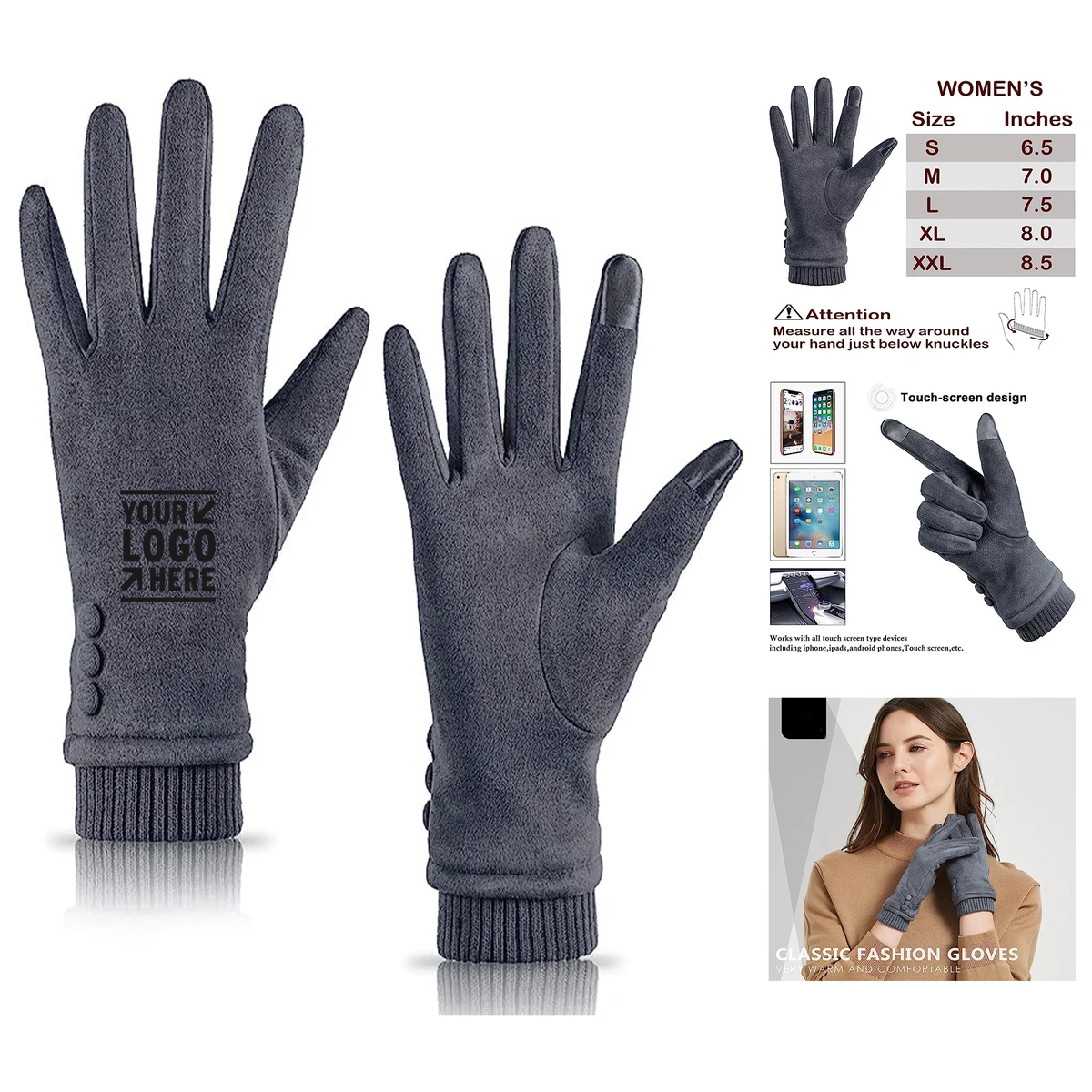 Women Fleece Lined Thick Warm Touch Screen Gloves 1