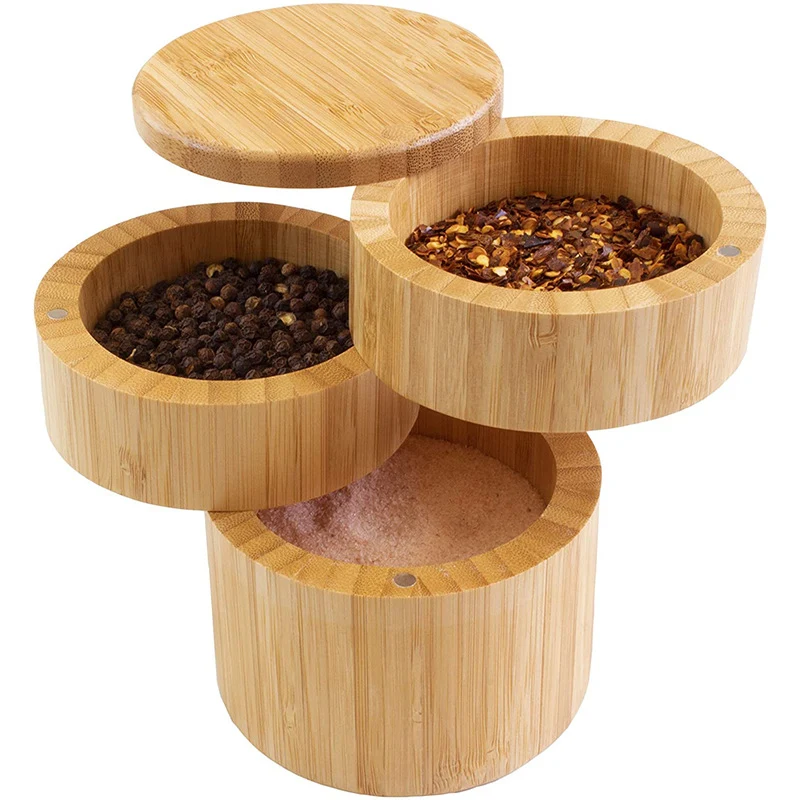 Tiered Triple Bamboo Salt Box w/Magnetic Swivel Lids 1