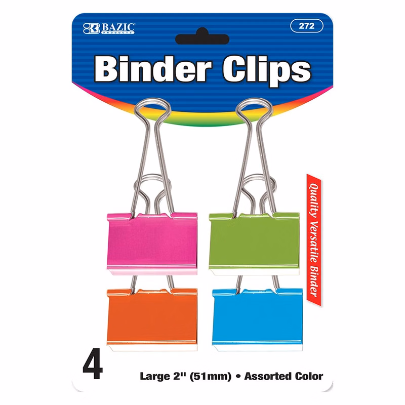 Binder Clips - 2" Assorted Colors 4 Pack
