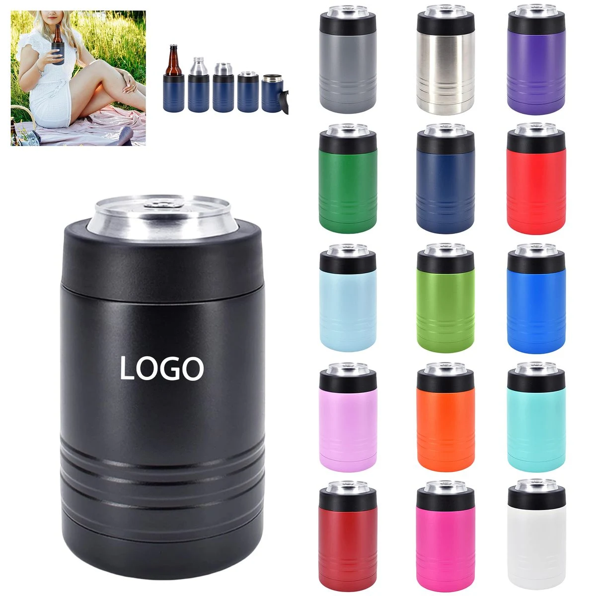 4 in 1 Vacuum Insulated Can or Bottle Cooler, custom koozie with logo imprint 1
