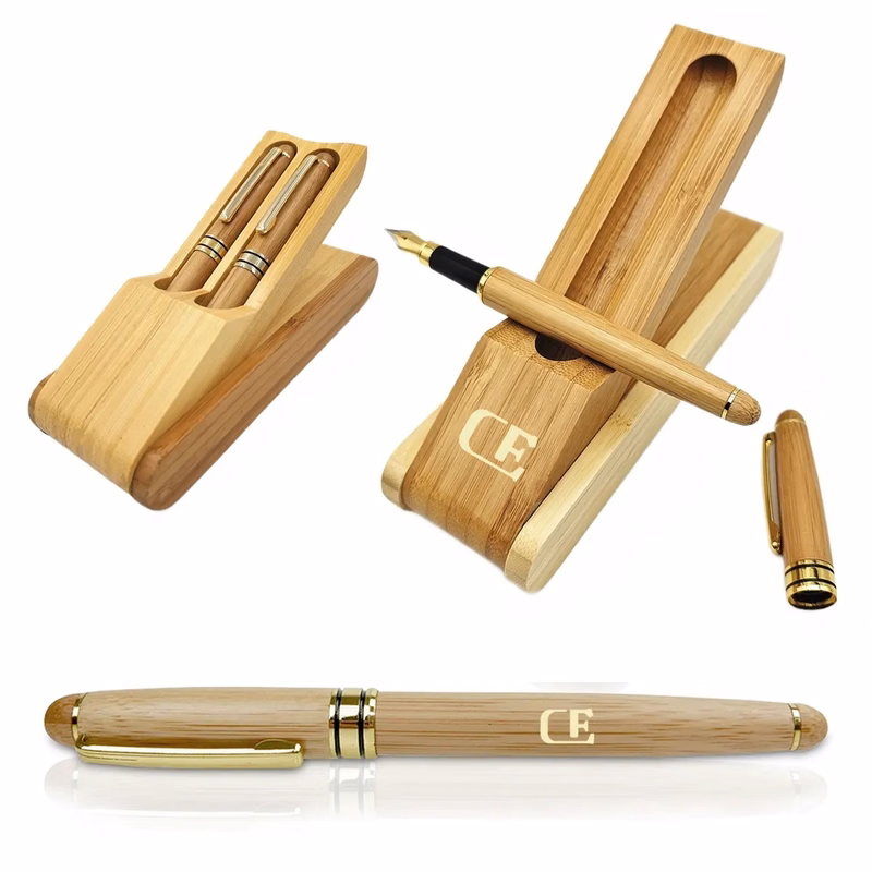 Bamboo Fountain/Rollerball Pen Set with Gift Case