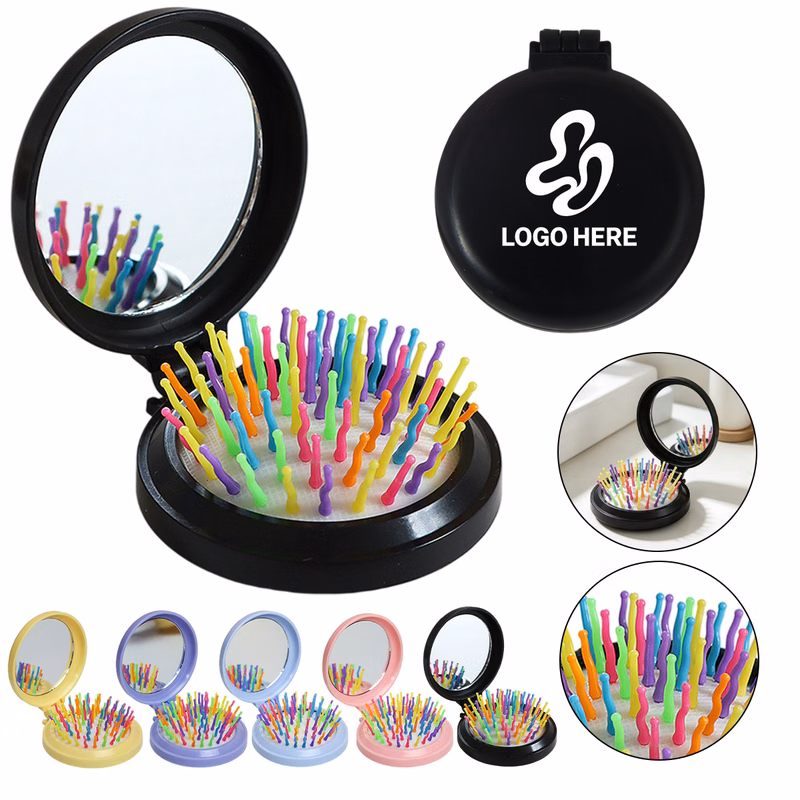 Round Foldable Mini Rainbow Comb With Mirror