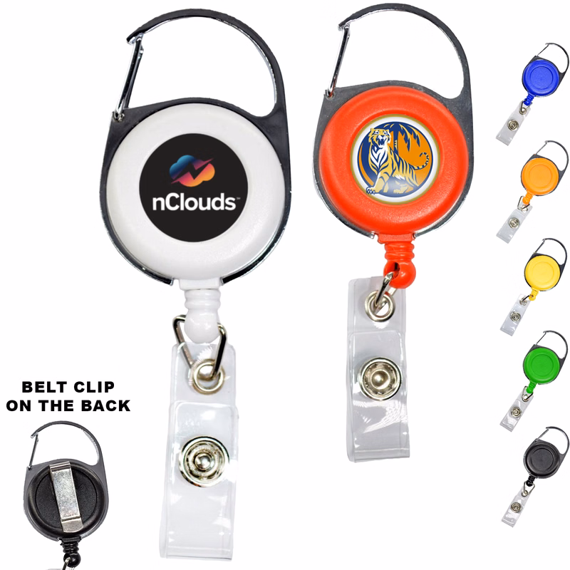 Retractable Carabiner Round Badge Reel w/ Belt Clip