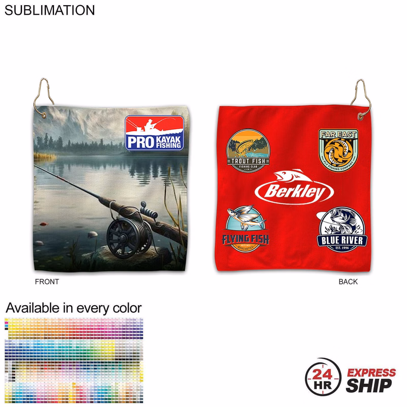 24Hr Express Ship - Colored Microfiber Dri-Lite Terry Fishing Towel, 10x10, Nofold Grommet & Hook