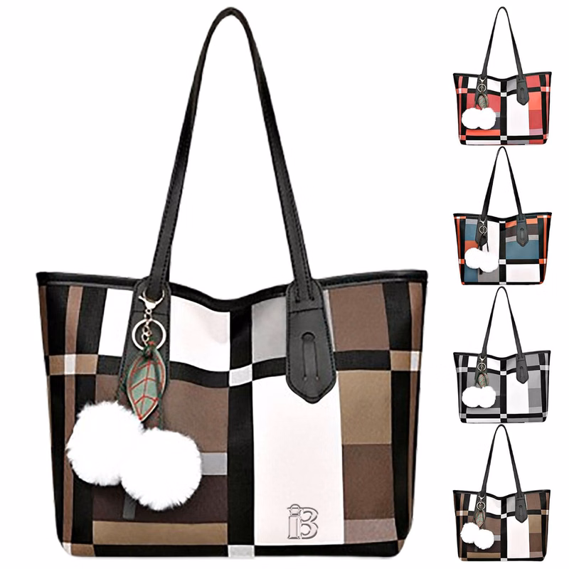 PU Leather Large-Capacity Tote Bag w/ Plush Pendant