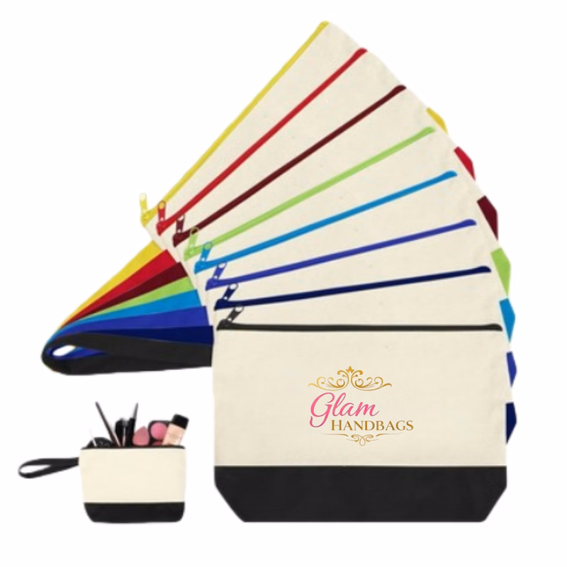 Two Tone Canvas Cosmetic Zipper Bag with Bottom & Strap