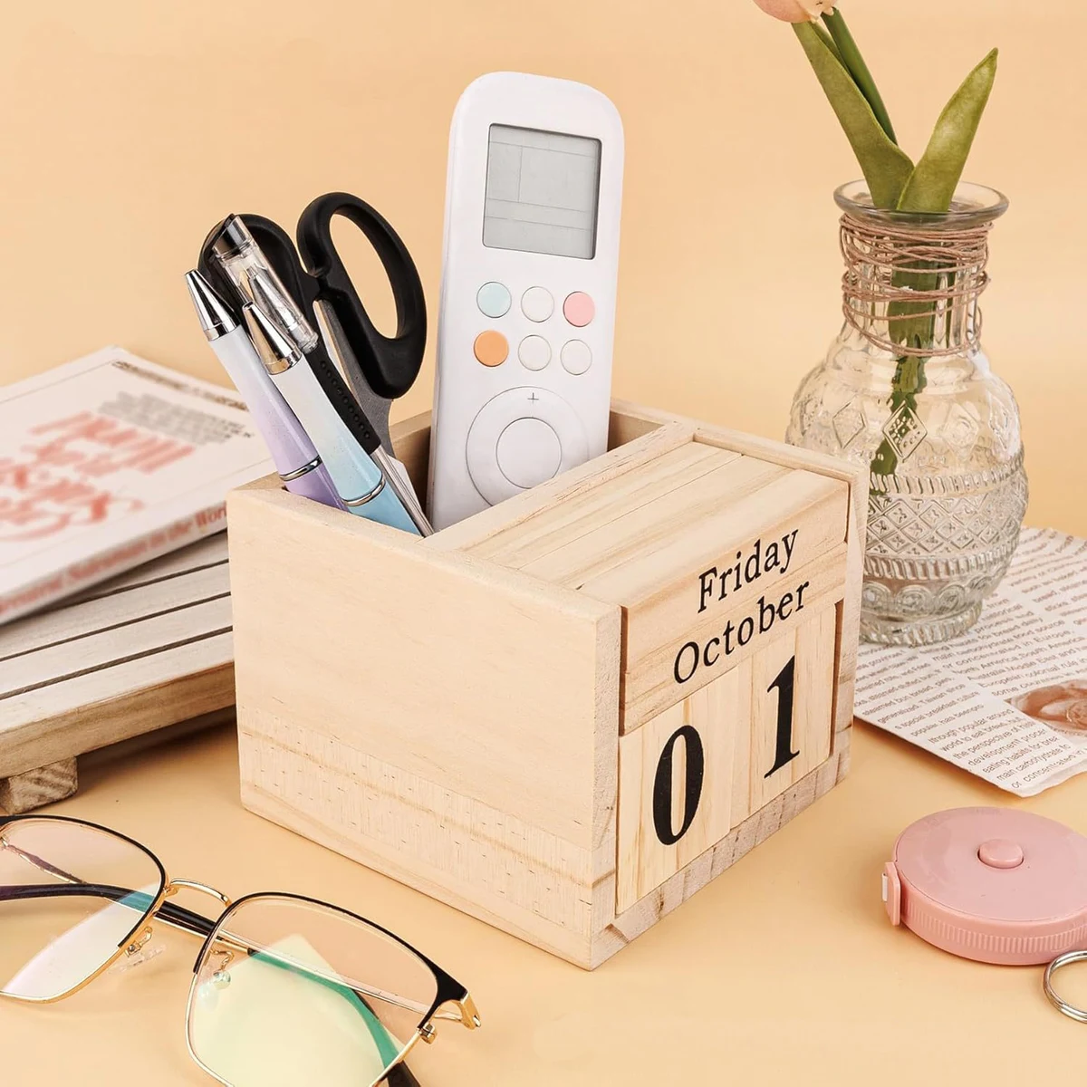 Wooden Blocks Perpetual Calendar with Pen Holder 1