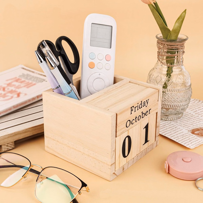 Wooden Blocks Perpetual Calendar with Pen Holder