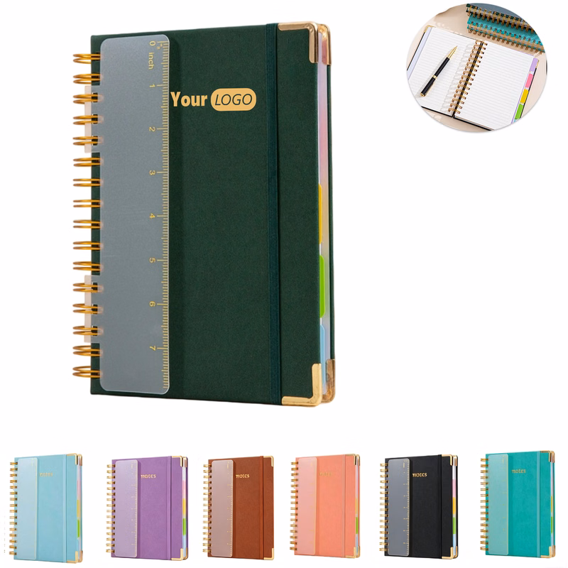 PU Leather Spiral A5 Notebook With Dividers Tabs & Ruler