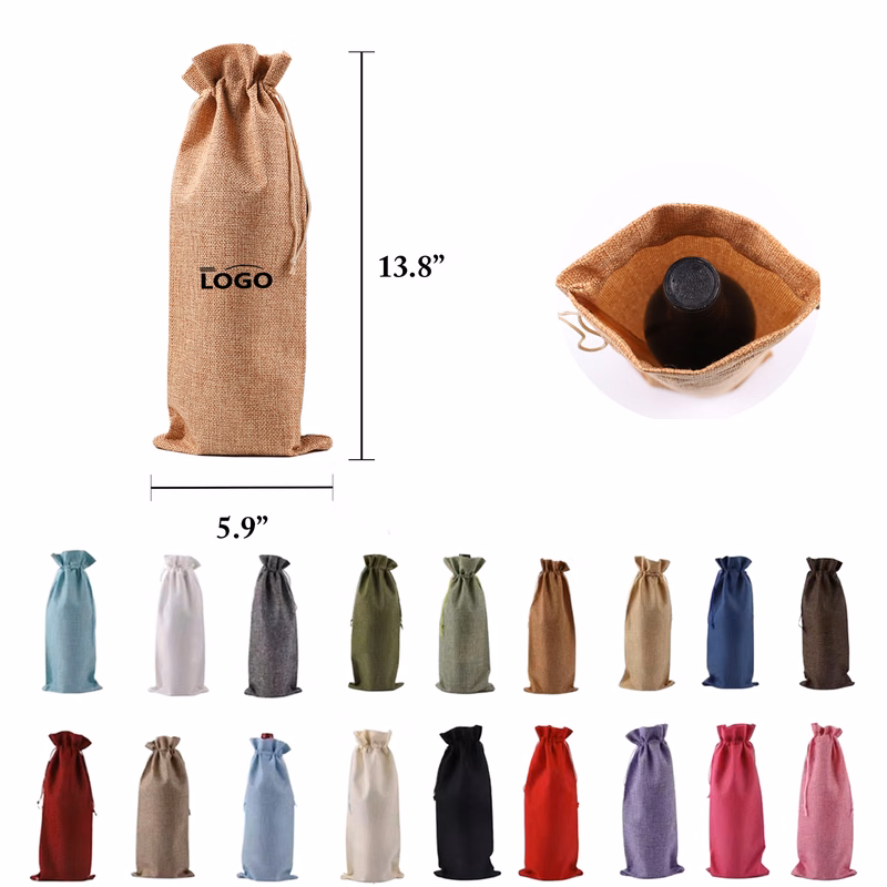 Burlap Wine Bag Set With Drawstring Closure