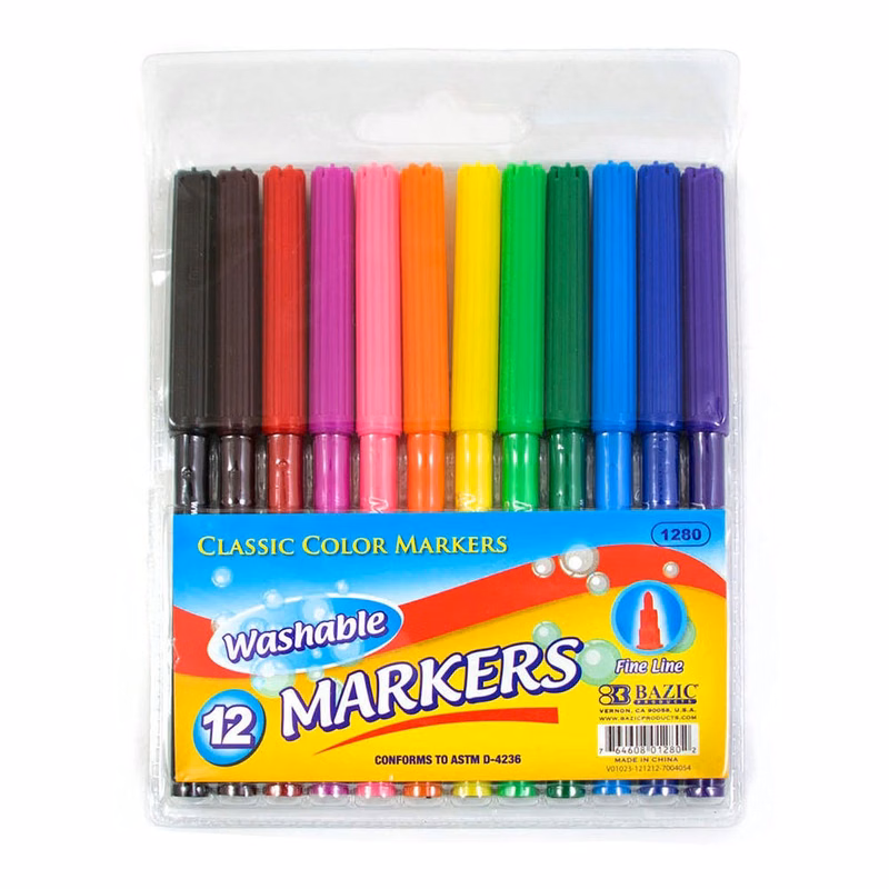 Washable Markers - 12 Assorted Colors Fine Tip