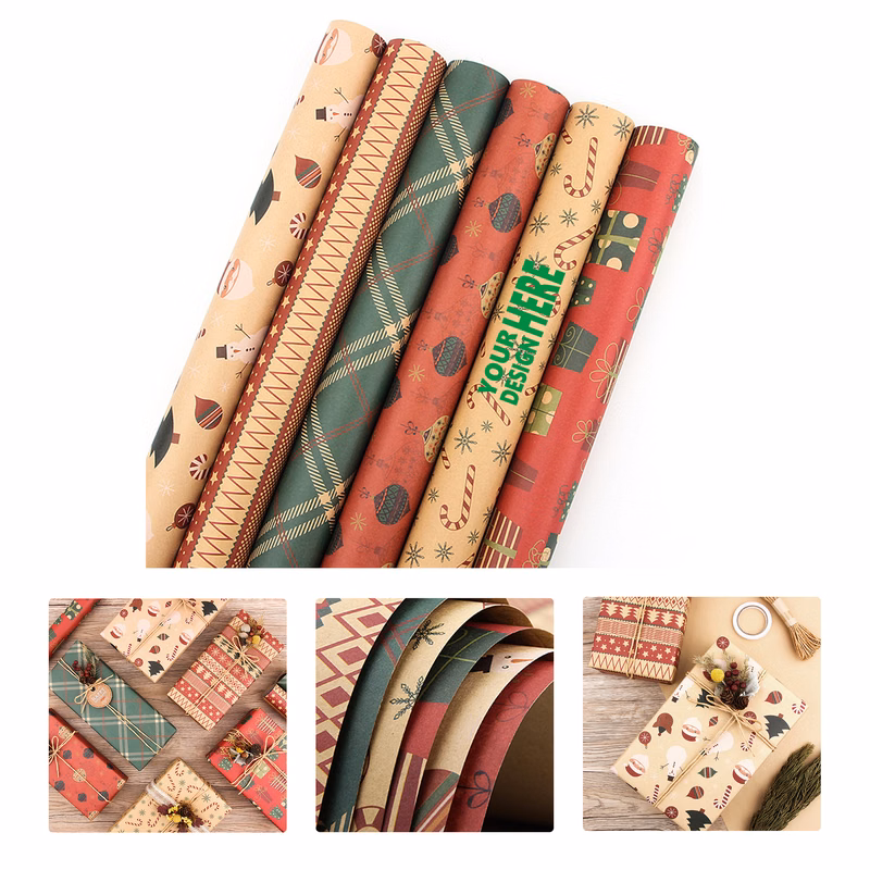 MOQ50 Vintage Christmas Kraft Gift Wrapping Paper Set