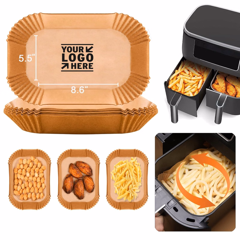 Disposable 8.6" x 5.5" Rectangular 8 Qt Above Air Fryer Dual Basket Non-stick Parchment Paper Liner 