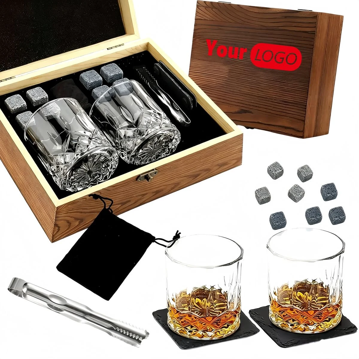 Whiskey Glass Granite Stone Tongs Coaster Wooden Box Set 1