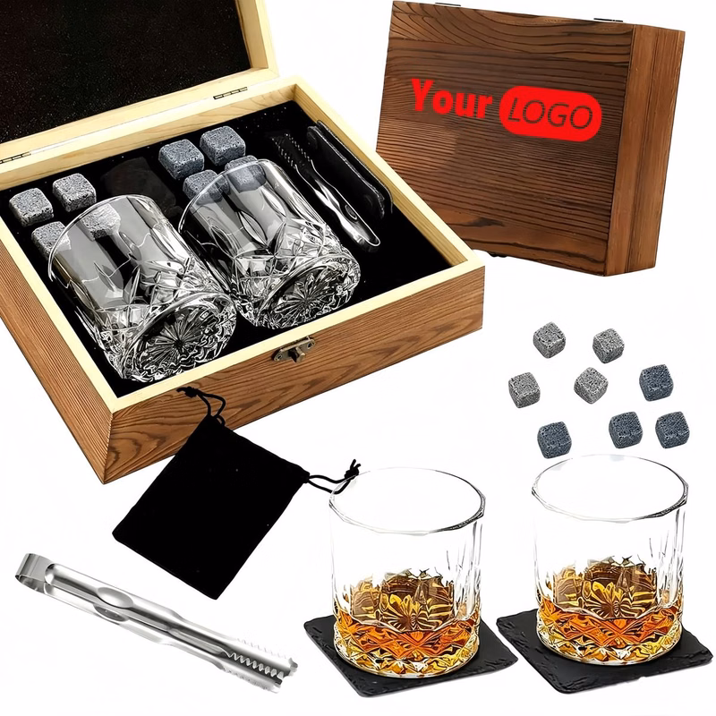 Whiskey Glass Granite Stone Tongs Coaster Wooden Box Set