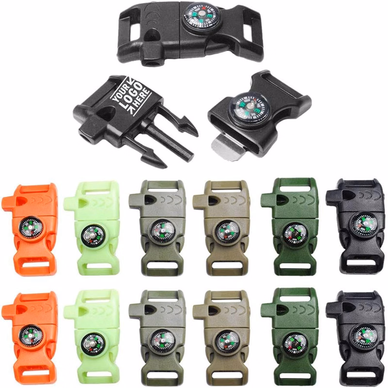 5/8" Compass Flint Scraper Fire Starter Whistle Buckle Plastic Paracord Bracelet Travel Kit