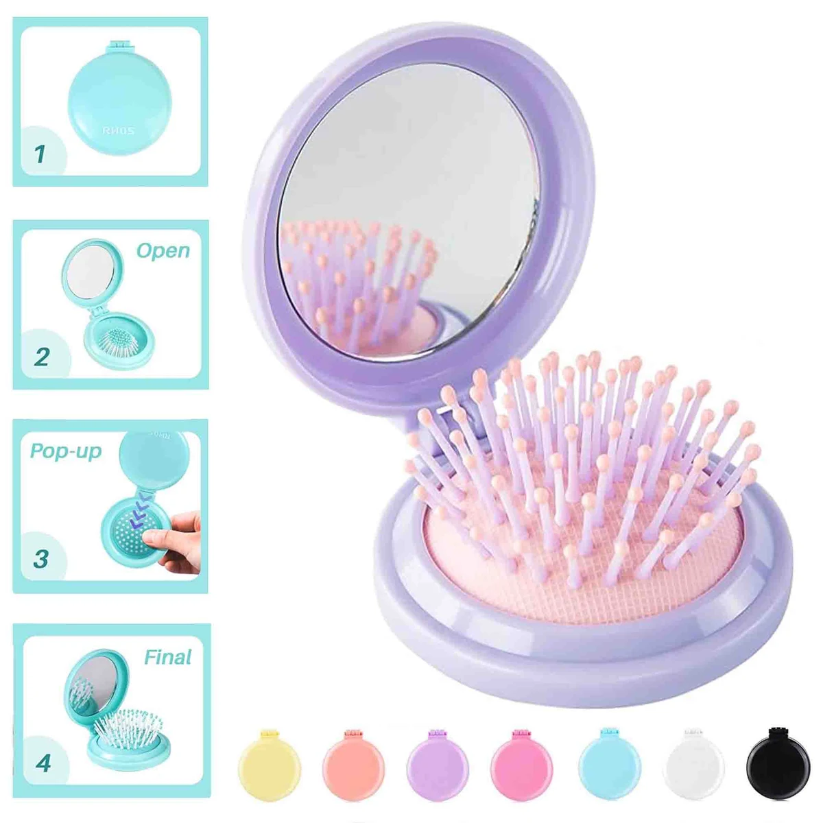 Folding Portable Travel Round Wet Dry Hair Brush with Mirror 1