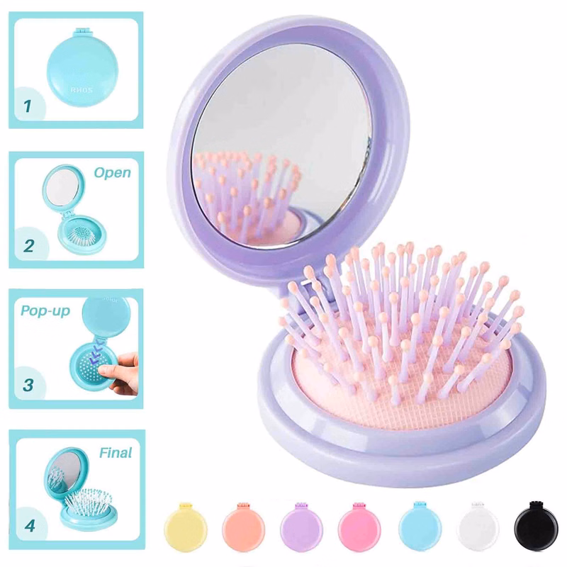 Folding Portable Travel Round Wet Dry Hair Brush with Mirror