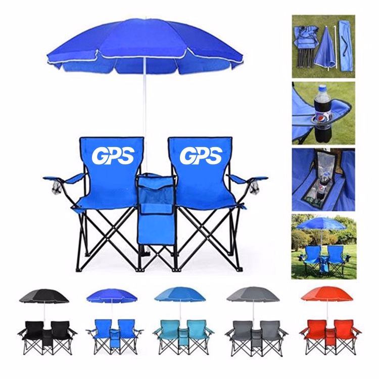 Two Folding Beach Chairs With Umbrella And Cooler Set