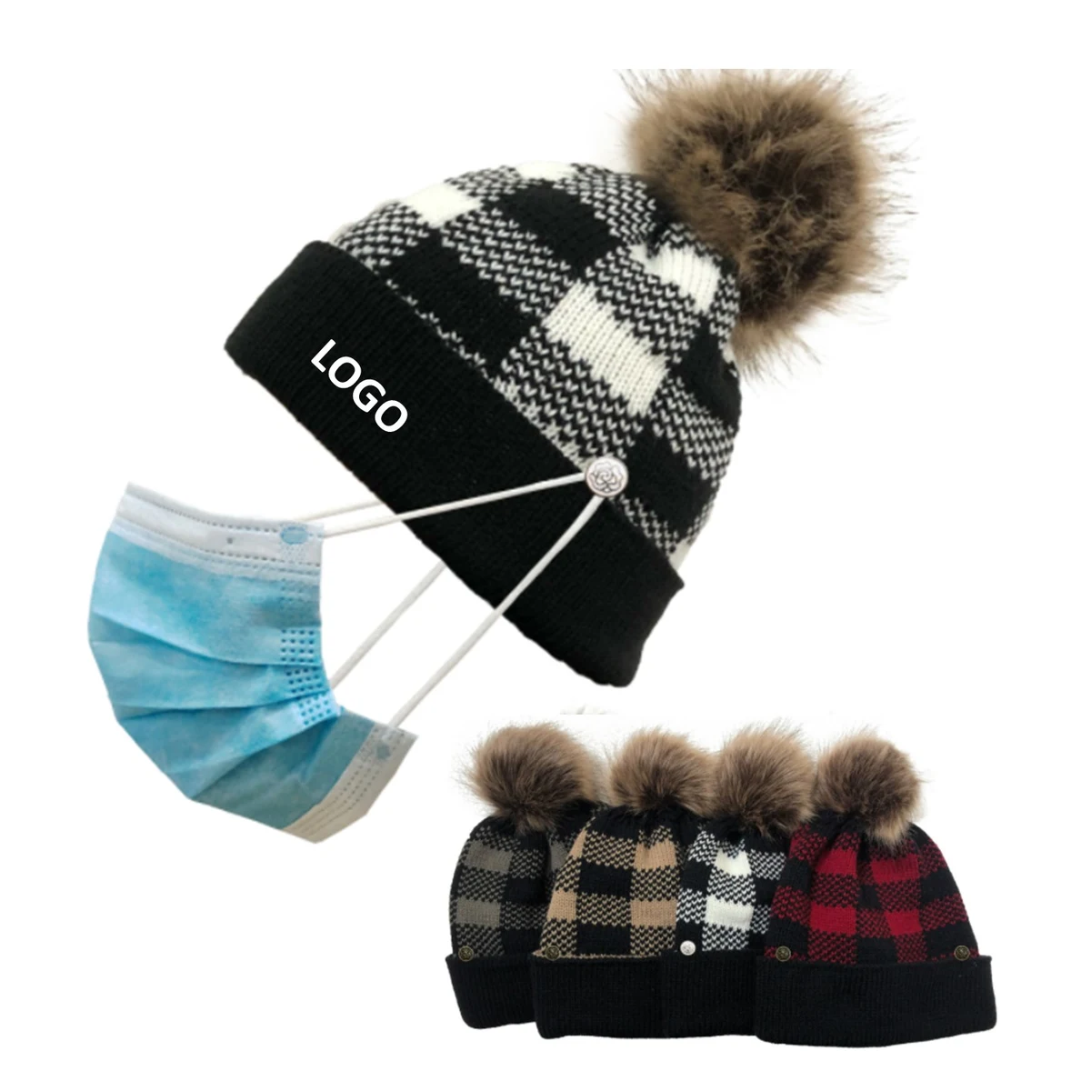 Knitted Beanie with Mask Button and detachable Pompom 1