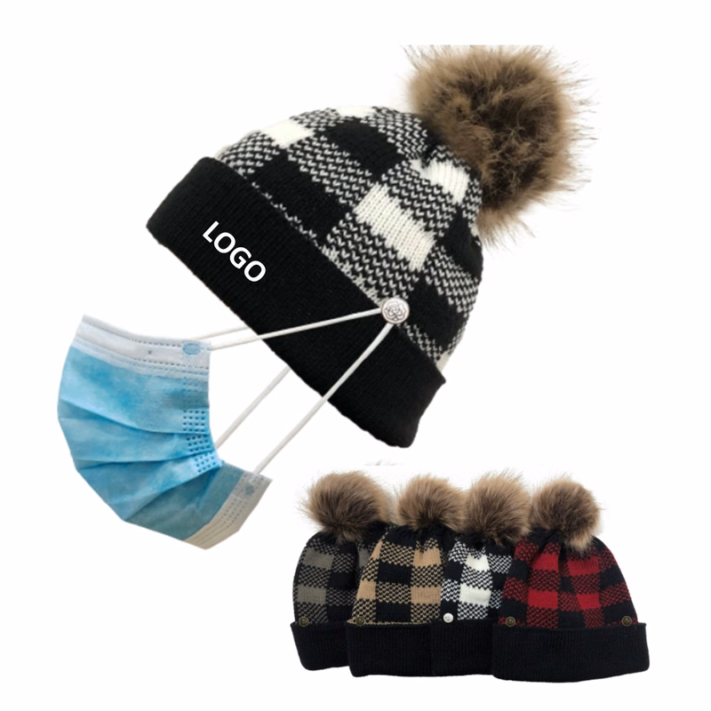 Knitted Beanie with Mask Button and detachable Pompom