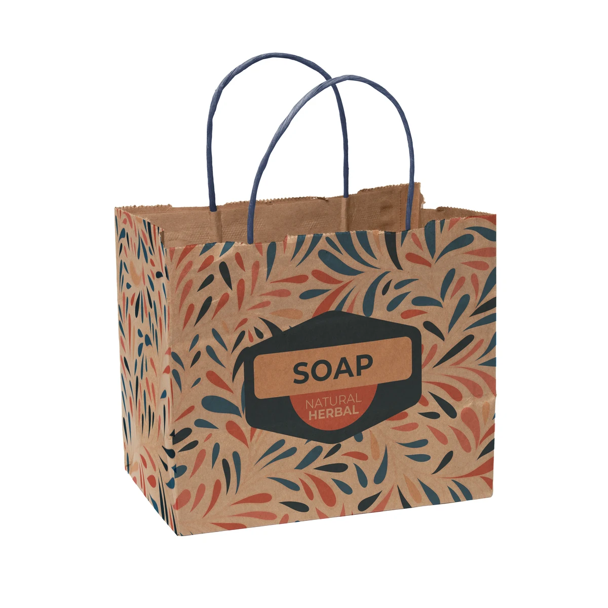 Multi-Sided Full Color Natural Shopper Paper Bag - Blue Handle (8.5"x 7.25"x 5") 1