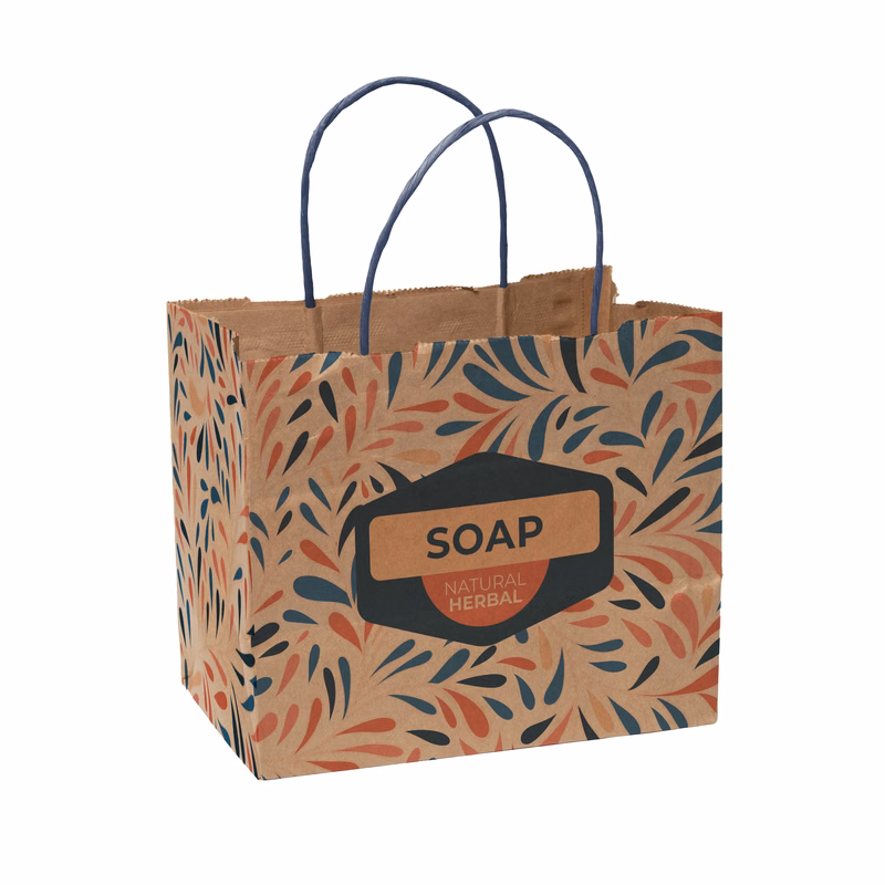 Multi-Sided Full Color Natural Shopper Paper Bag - Blue Handle (8.5"x 7.25"x 5")