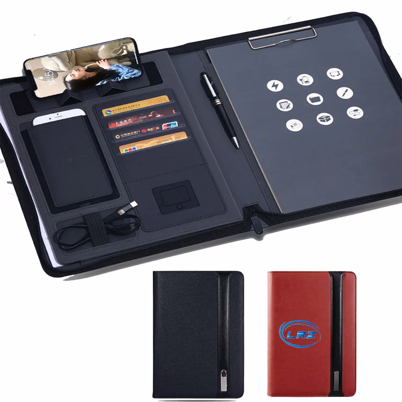 A4 Padfolio Leather Folder Waterproof W/ 8000Mah Power Bank