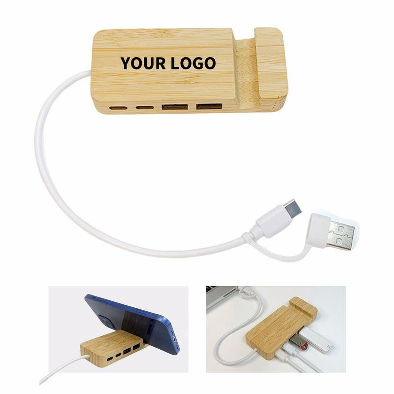 Bamboo Desktop Phone Stand With Multi Port Data Hub 9.9" Length