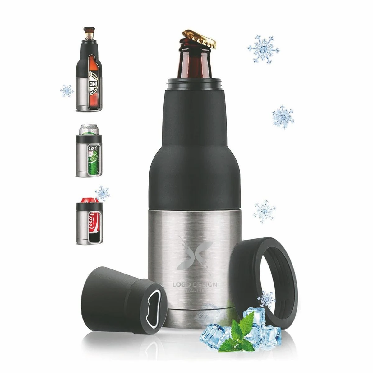 Beer Bottle and Can Cooler with Beer Opener, 12 oz. Slim Can Beer Bottle Insulators Holder, Vacuum, custom koozie with logo imprint 1